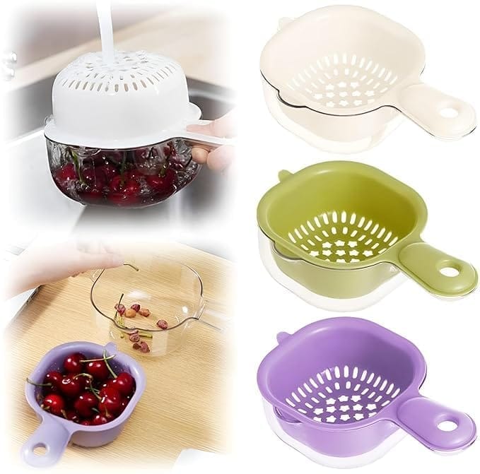 KIT & CO 2-in-1 Fruit Vegetable Drainer Basket, Multipurpose Rice/Fruits/Vegetables/Pulses/Chicken Washing Bowl with Handle Strainer Multicolored