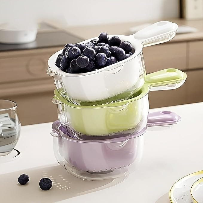 KIT & CO 2-in-1 Fruit Vegetable Drainer Basket, Multipurpose Rice/Fruits/Vegetables/Pulses/Chicken Washing Bowl with Handle Strainer Multicolored