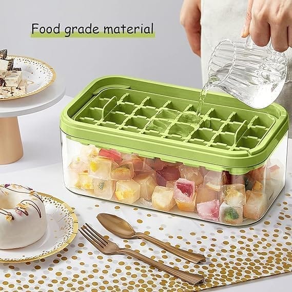 KIT & CO Ice Cube Tray with Lid and Bin,64 Pcs Square Ice Cubes Molds with Ice Scoop,Easy Release & Save Space,BPA Free Ice Cube Storage Container Set for Whiskey,Cocktail and Smoothie(Multicolor)