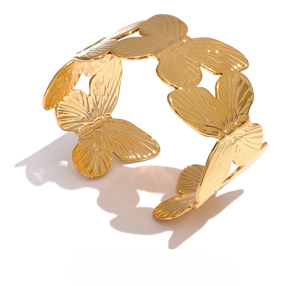 Jewelryklub Butterfly Pattern Gold Plated Bracelet Adjustable Opening Stainless Steel Bracelet For Women Girls