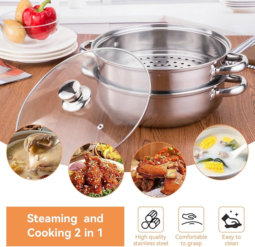 2-Tier Stainless Steel Steamer Pot with Glass Lid