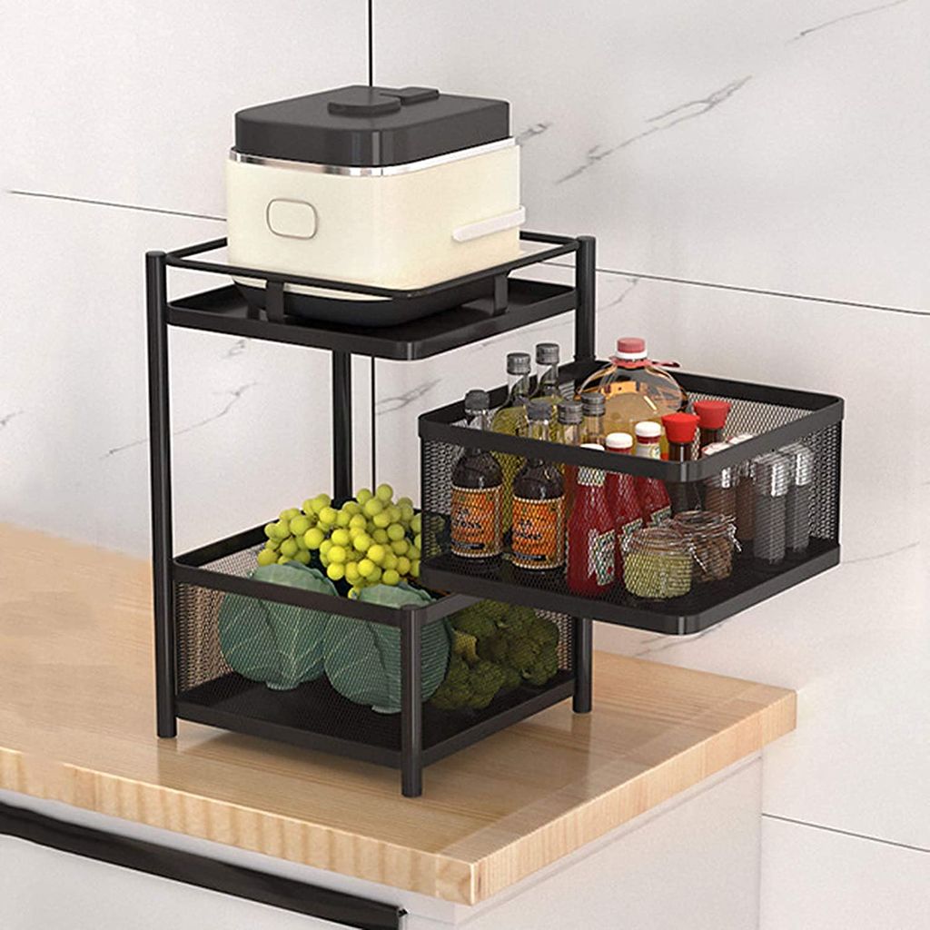 Kitchen Trolley with Wheels, Square Kitchen Organiser Items and Storage Solutions for Kitchen Organisers and Accessories Items (Black, Layer 2) (Square, 2 Layer, Iron, Tier Shelf) - Free Standing