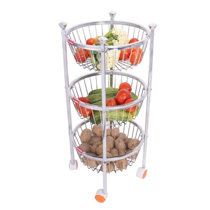 Stainless Steel 3 Layer Round Fruit & Vegetable Trolley, Kitchen Basket, Kitchen Trolley (wt-3.200kg) (13×13×26) Inch (Mogra 3 Layer Basket)