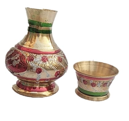 Mii Art Antique Mughal Design Brass Surahi and Glass for Home Decoration Pital ki Surahi with Glass(Golden)(Material-Brass)(Size-15 cm 250 ml) Pack of 1 pcs