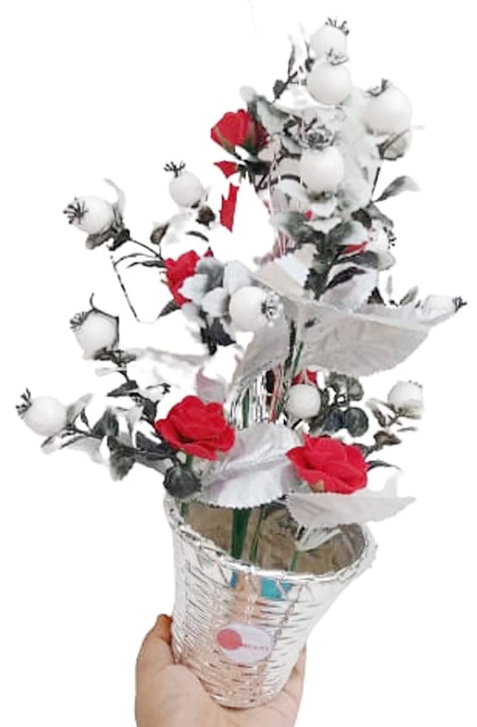 Mii Art Artificial Flower with Pot White Cherry and Rose Flower vase for Home Decoration(Color-White and red)(Material-Plastic)(size-13 inch,Large) Pack of 1pcs