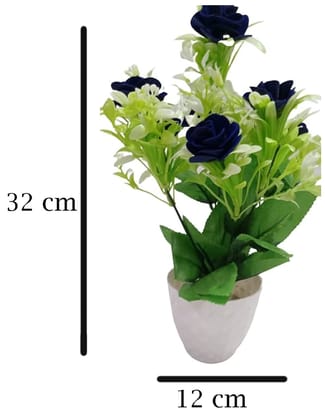Mii Art Artificial blue Rose green and white leaf with Pot for Home Decor showpiece for office business gift(Color-blue)(Material-Plastic)(size-32 cm,Large) Pack of 1pcs