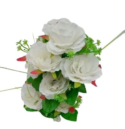Artificial Flower with Pot,multi rose and green leaf with white pot for Home Decor showpiece for office buisness gift(Color-White)(Material-Plastic)(size-14 inch,Large) Pack of 1 pcs