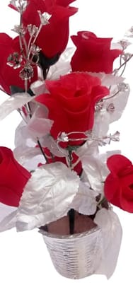 Mii Art artificial flower with pot,red rose and white cherry with pot for home decoration, showpiece for office,business gifts(Color-silver ad red)(Material-plastic)(size-14 inch,large) Pack of 1 pcs