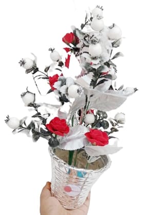 Mii Art artificial flower with pot white cherry and rose flower vase for home decoration( Color-white and red)(Material-plastic)(size-13 inch,large) Pack of 1 Set.
