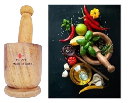 Mii Art wooden Okhli Musal/Mortar And Pestle imamdasta/Kharal/Khalbatta/Kitchen Smasher | Grinder for Spices & Herbs | Ginger Garlic Crusher, Masala Kutni(Size-Okhli-13Cm Musal-18cm) Pack of 1 set.