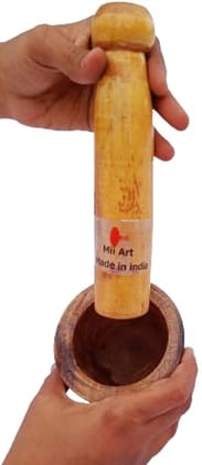 Mii Art wooden Okhli Musal/Mortar And Pestle imamdasta/Kharal/Khalbatta/Kitchen Smasher | Grinder for Spices & Herbs | Ginger Garlic Crusher, Masala Kutni(Size-Okhli-13Cm Musal-18cm) Pack of 1 set.
