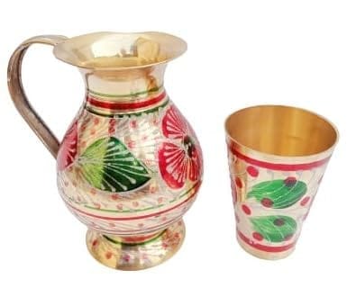 Mii Art Handmade Handicraft Items,Brass pital ki Brass jug and Glass jug,Water jug(Color-Golden)(Material-Brass)(size-jug-20 cm and Glass-15 cm,Large Size) Pack of 1 Set.