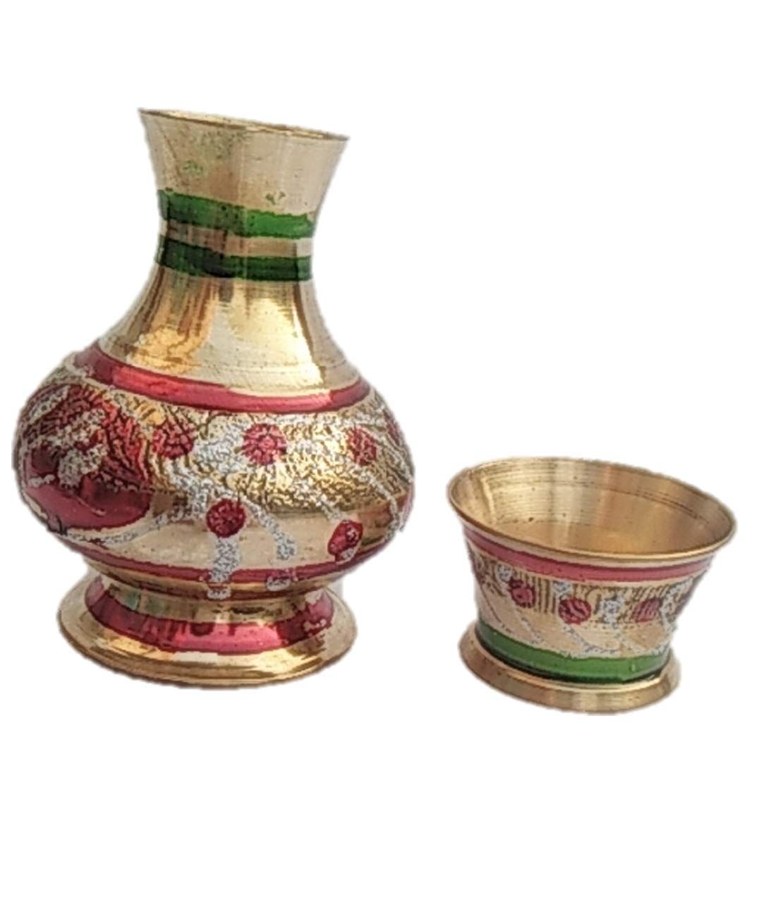 Mii Art Antique Mughal Design Brass Surahi and Glass for Home Deacoration Pital ki Surahi with Glass(Golden)(Material-Brass)(Size-10 cm 250 ml) Pack of 1 Set.