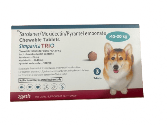 Simparica Trio Dog Tick and Flea Control Tablet (pack of 3 tablets) for dogs 10-20kg