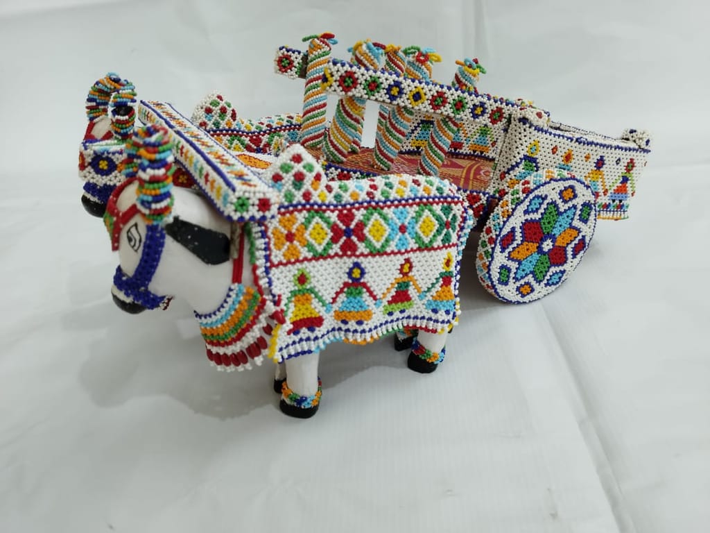 Handicraft Beaded Ox-Cart Showpiece for Home Decor
