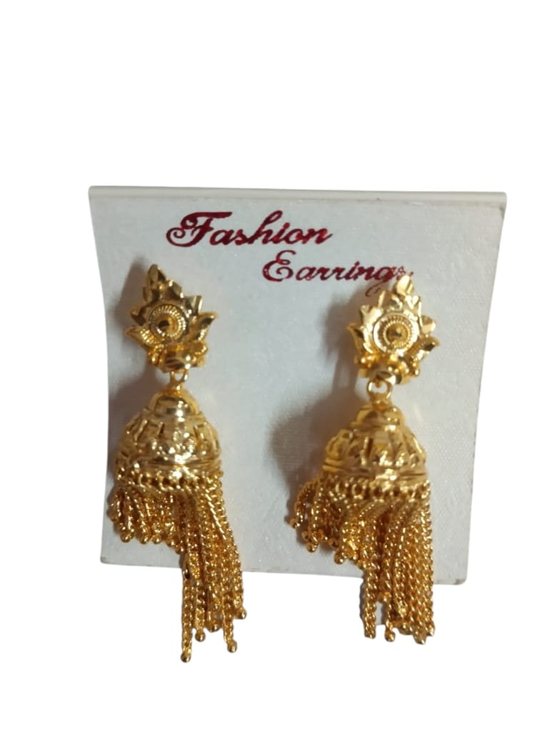 Golden Jhumka Earrings with Intricate Carvings and Delicate Chain Tassels