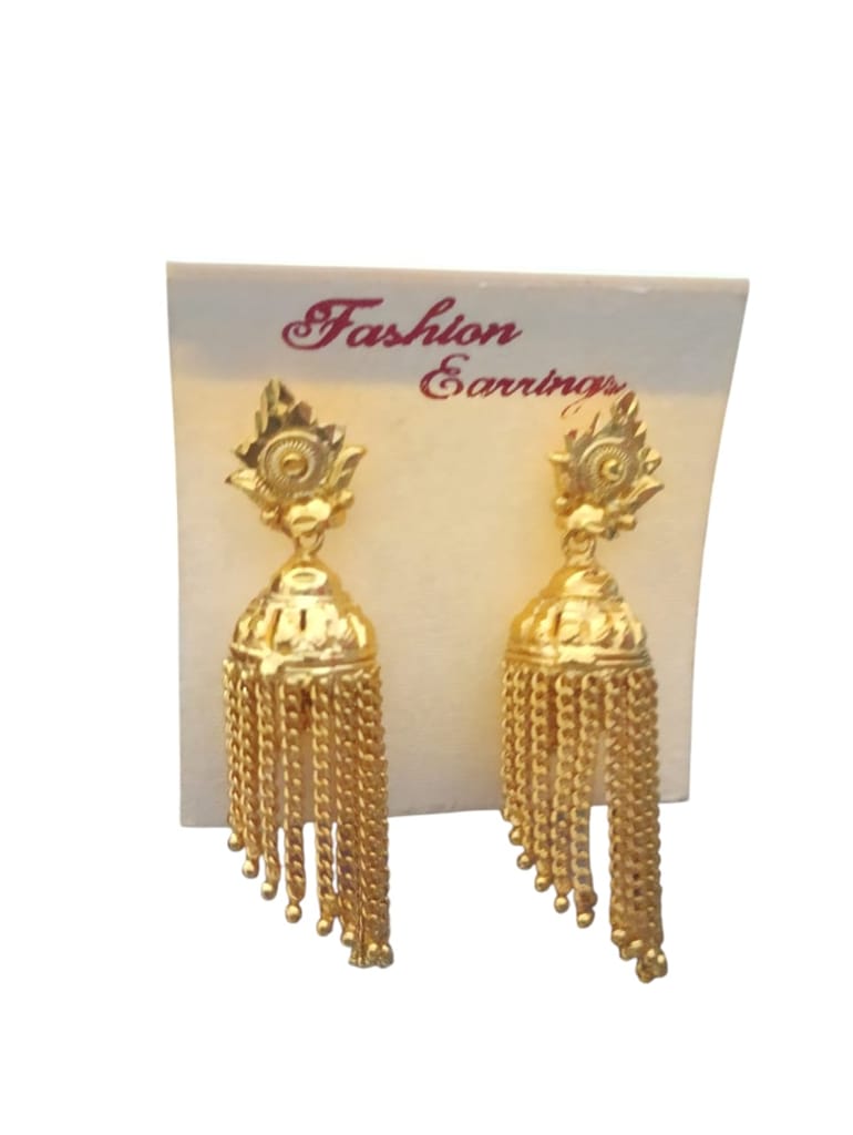 Golden Jhumka Earrings with Intricate Carvings and Delicate Chain Tassels