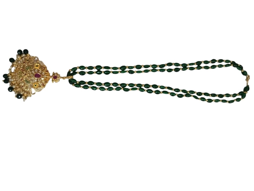 Green Glass Bead Necklace with Gold Accents