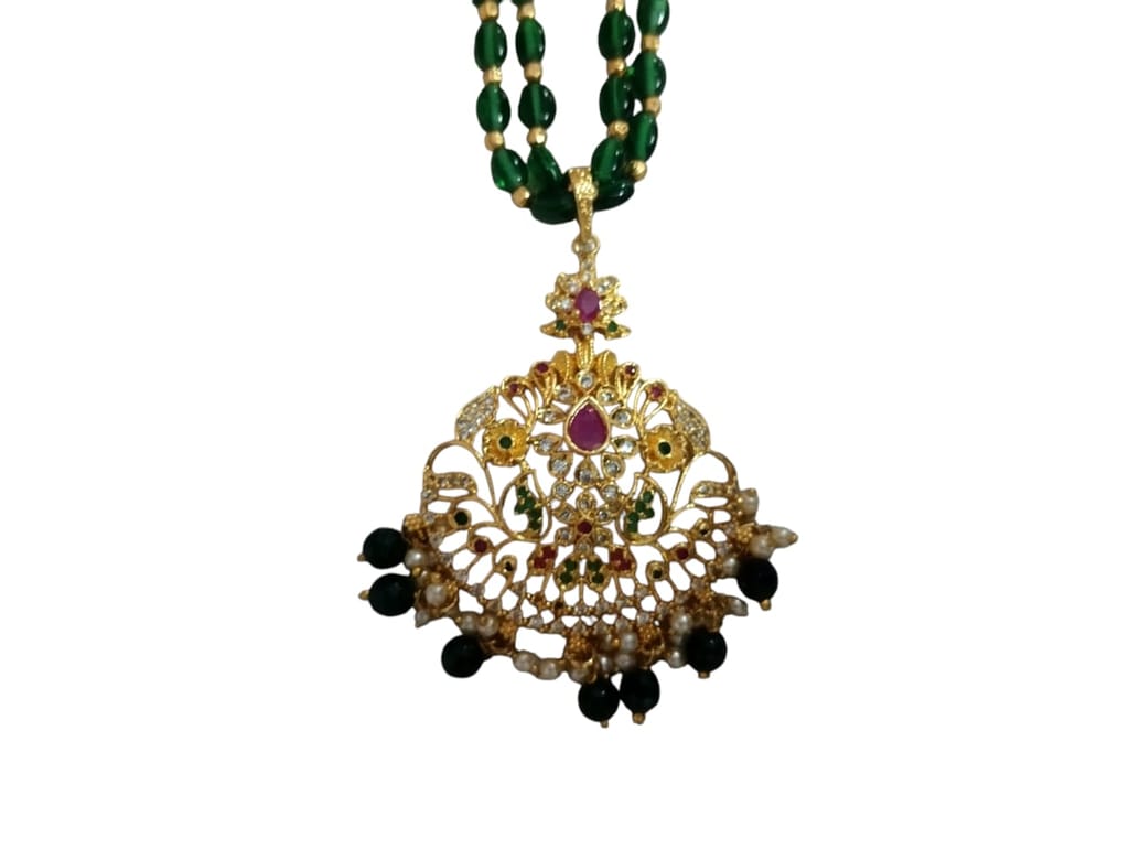 Green Glass Bead Necklace with Gold Accents