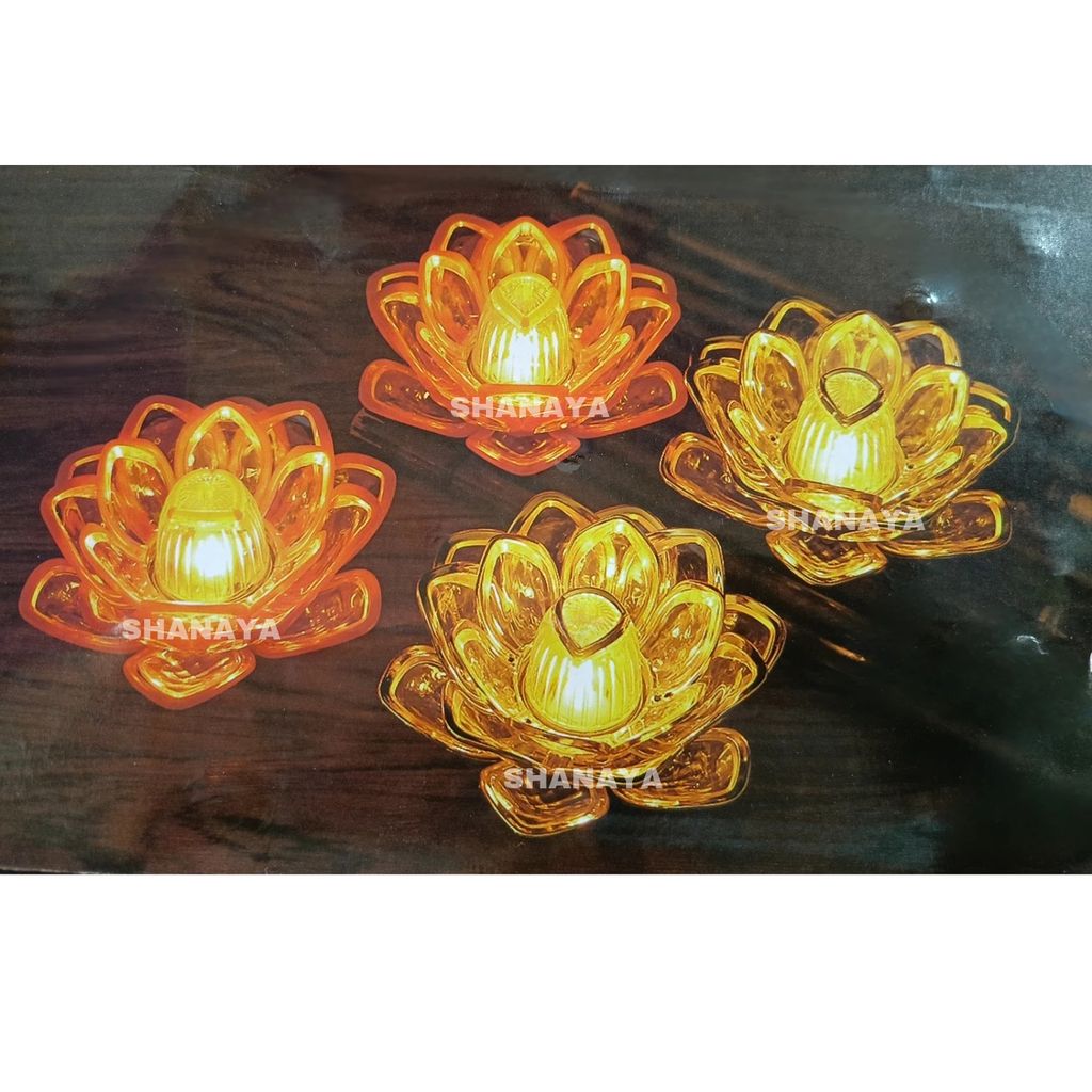 SHANAYA (2 Pieces) Flameless and Smokeless Decorative Lotus Flower Shape Crystal Transparent Acrylic Led Lamp Light for Diwali, Birthday, Anniversary, Deepwali, New Year Decoration
