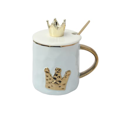 IZZHAAR Ceramic Mug with Crown Lid and Spoon, Coffee Mug (350 ML) IZZHAAR Ceramic Mug with Crown Lid and Spoon, Coffee Mug (350 ML)