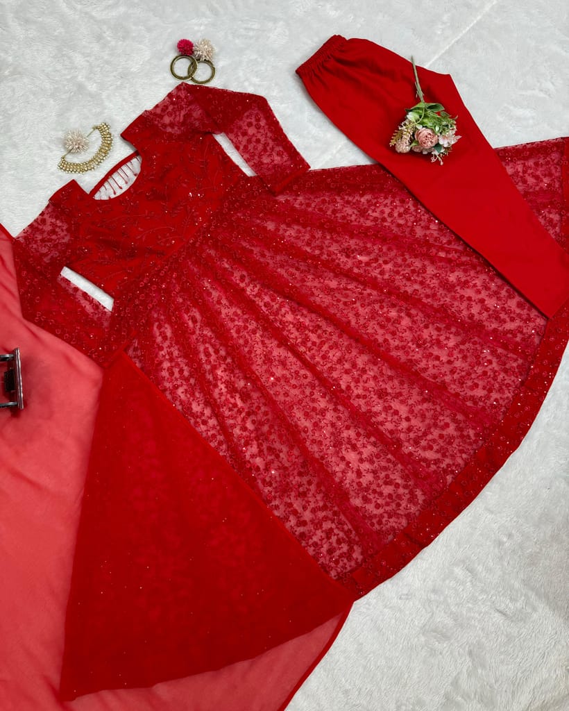 Red Ready to wear indian salwar kameez Dupatta for women anarkali designer pakistani dresses Festival 3 piece