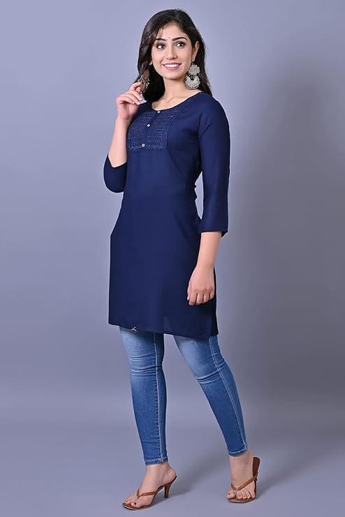 Sophisticated Women Women's Navy Blue Solid Straight Kurta with 3/4th Sleeves 2025 at ShopCircui