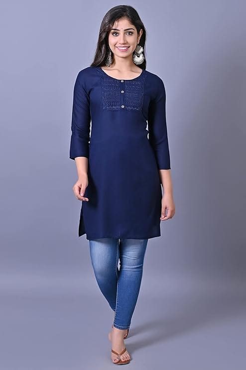 Sophisticated Women Women's Navy Blue Solid Straight Kurta with 3/4th Sleeves 2025 at ShopCircui