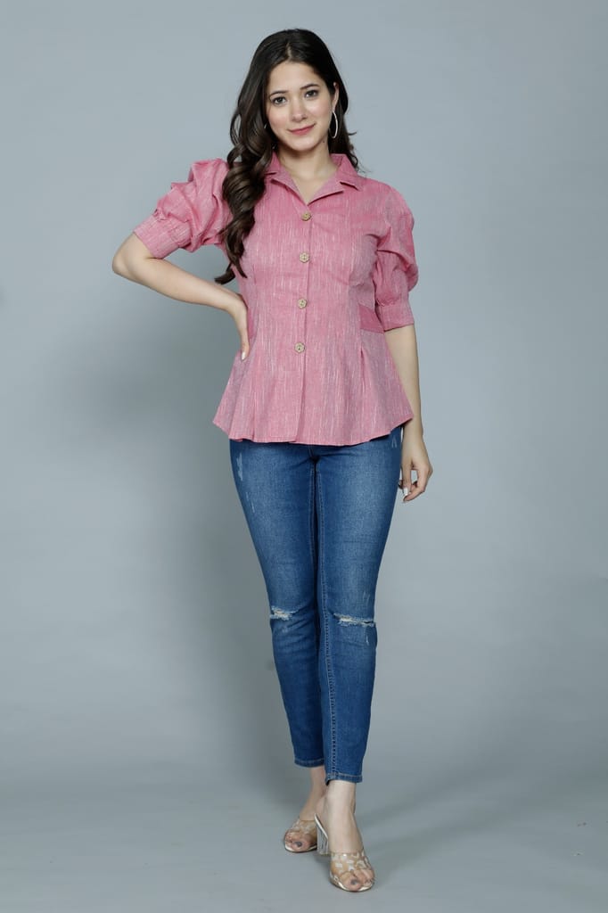New Women Women's Casual Solid Pink Shirt With Puff Sleeves 2025 at ShopCircuit | ONDC