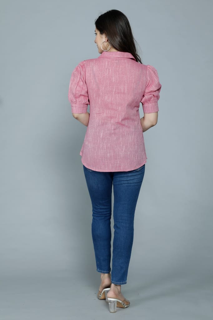 New Women Women's Casual Solid Pink Shirt With Puff Sleeves 2025 at ShopCircuit | ONDC