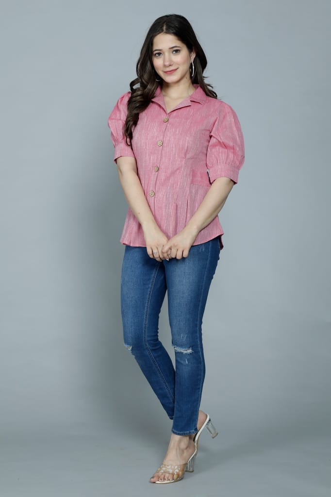 New Women Women's Casual Solid Pink Shirt With Puff Sleeves 2025 at ShopCircuit | ONDC