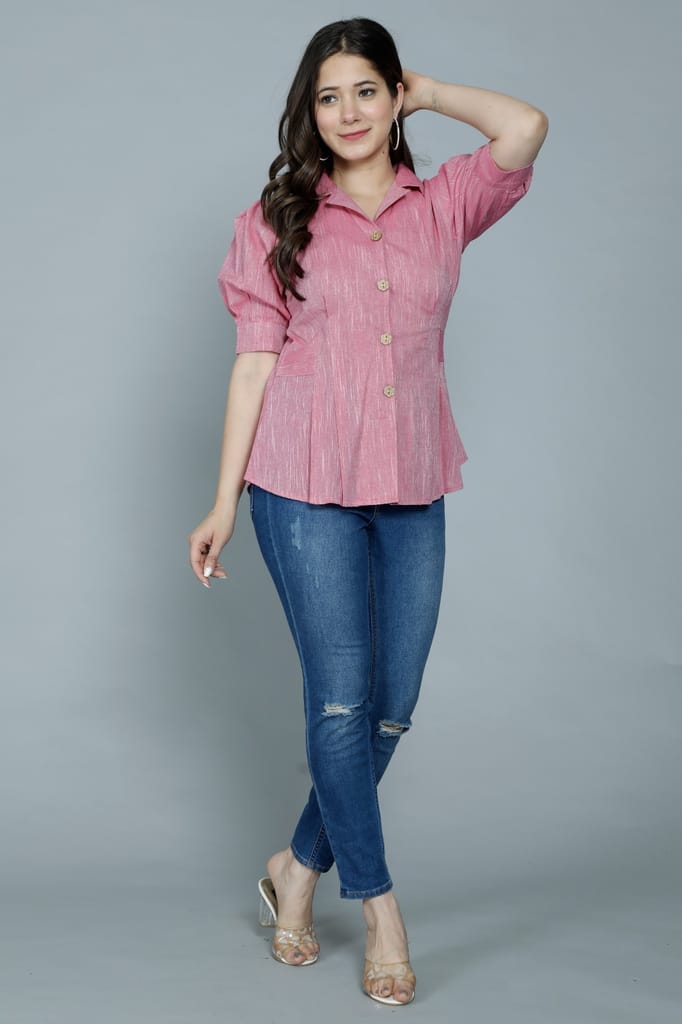 New Women Women's Casual Solid Pink Shirt With Puff Sleeves 2025 at ShopCircuit | ONDC
