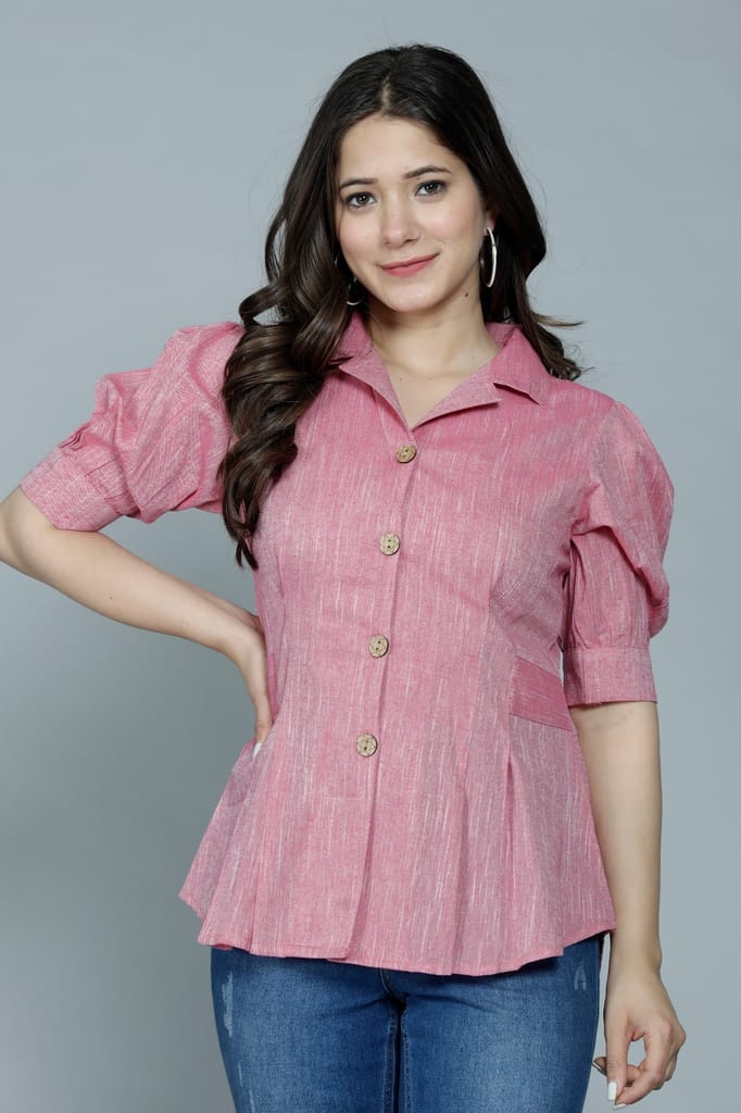 New Women Women's Casual Solid Pink Shirt With Puff Sleeves 2025 at ShopCircuit | ONDC