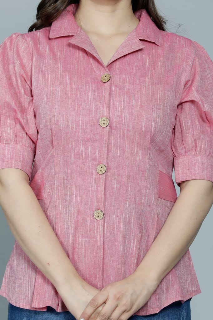 New Women Women's Casual Solid Pink Shirt With Puff Sleeves 2025 at ShopCircuit | ONDC