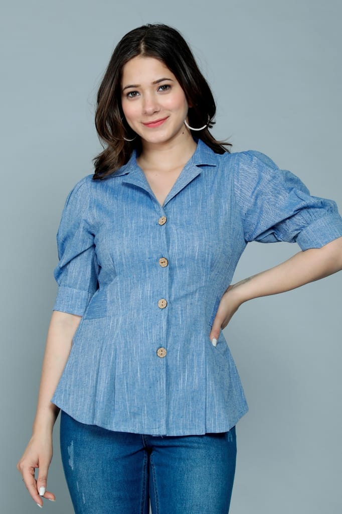 Sophisticated Women Women's Casual Solid Blue Shirt with Puff Sleeves 2025 at ShopCircuit | ONDC