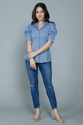 Women's Casual Solid Blue Shirt with Puff Sleeves Women's Casual Solid Blue Shirt with Puff Sleeves