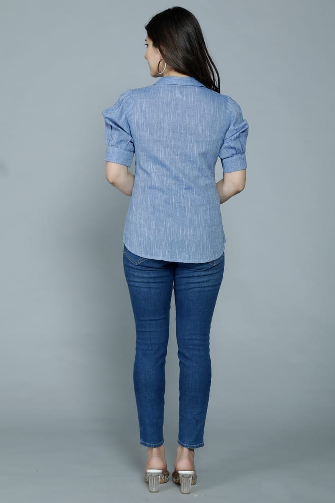 Sophisticated Women Women's Casual Solid Blue Shirt with Puff Sleeves 2025 at ShopCircuit | ONDC