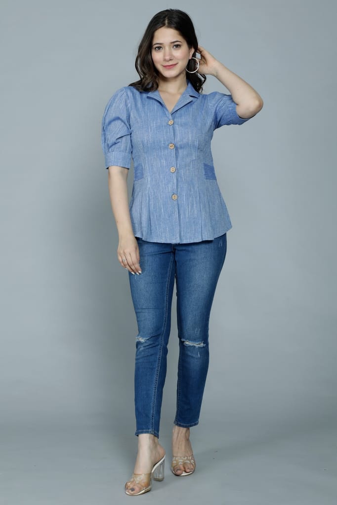 Sophisticated Women Women's Casual Solid Blue Shirt with Puff Sleeves 2025 at ShopCircuit | ONDC