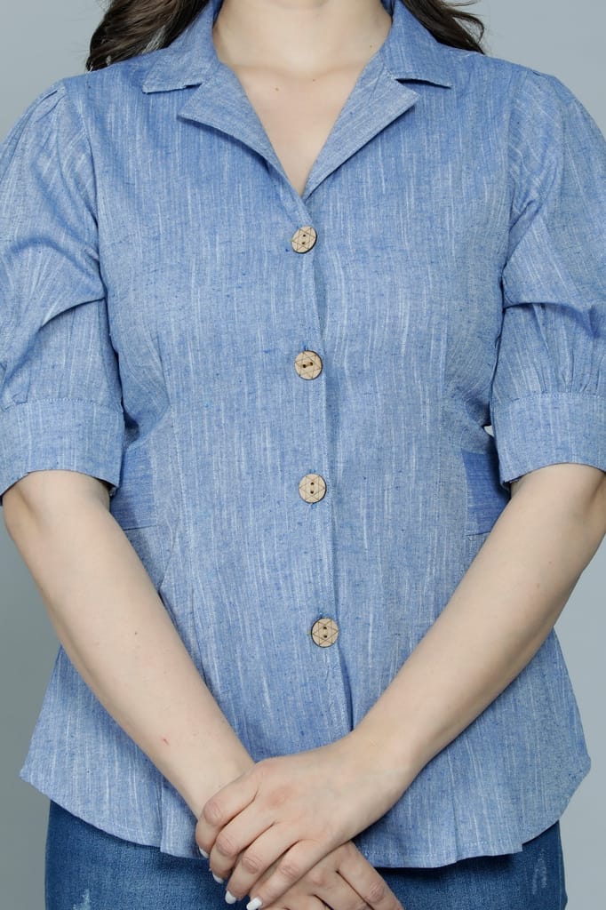 Sophisticated Women Women's Casual Solid Blue Shirt with Puff Sleeves 2025 at ShopCircuit | ONDC