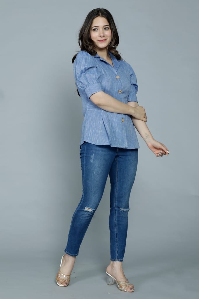 Sophisticated Women Women's Casual Solid Blue Shirt with Puff Sleeves 2025 at ShopCircuit | ONDC