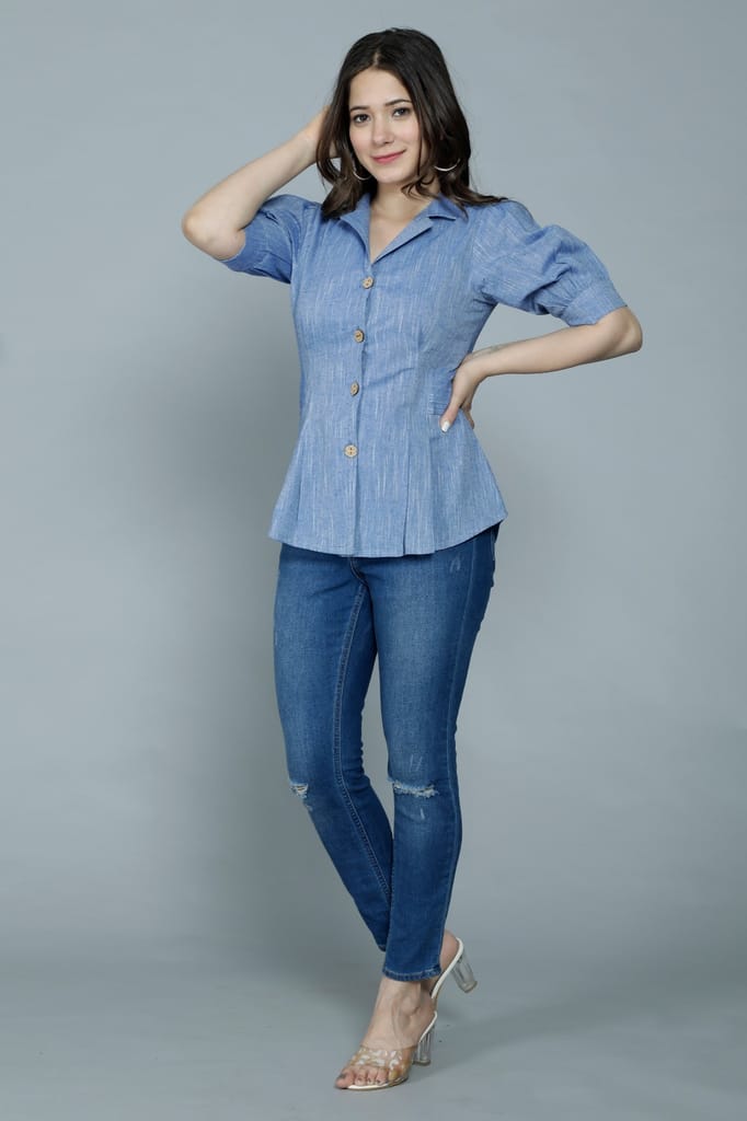 Sophisticated Women Women's Casual Solid Blue Shirt with Puff Sleeves 2025 at ShopCircuit | ONDC
