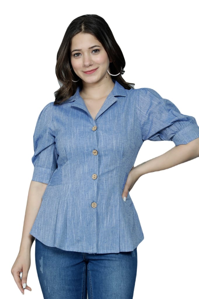 Sophisticated Women Women's Casual Solid Blue Shirt with Puff Sleeves 2025 at ShopCircuit | ONDC