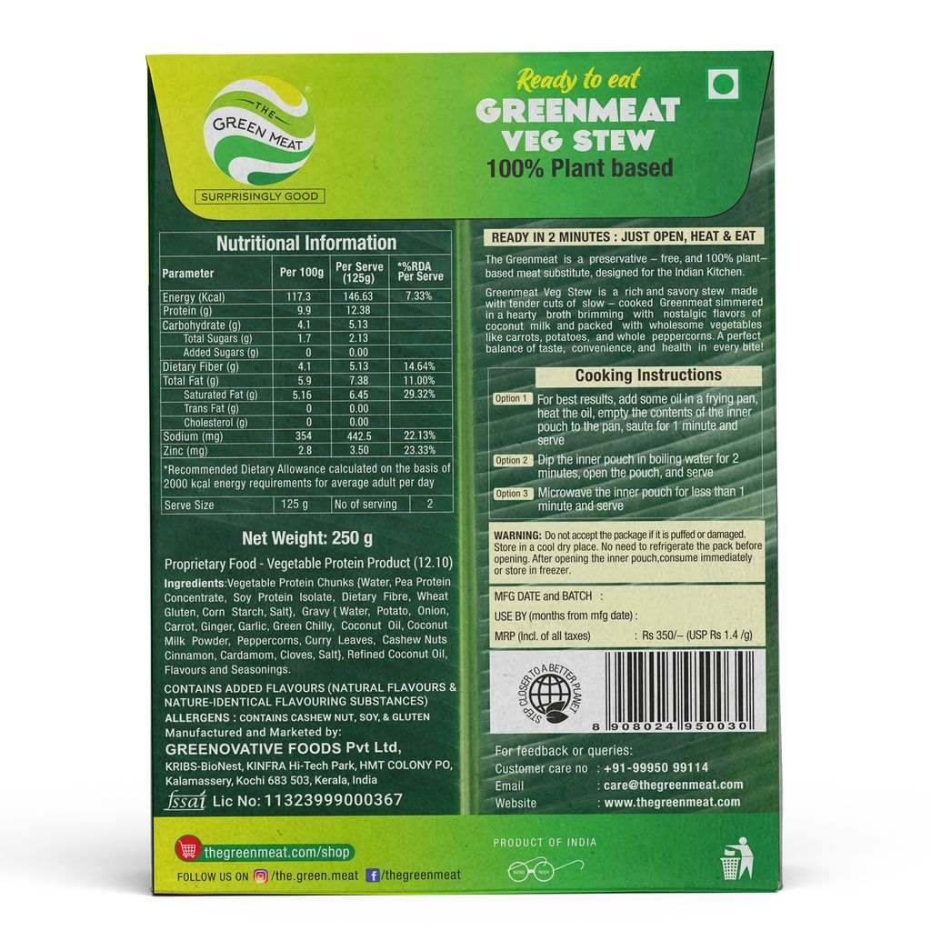 Greenmeat Veg Stew | Plant based & Vegetarian Meat Substitute | Ready to Eat | 250g