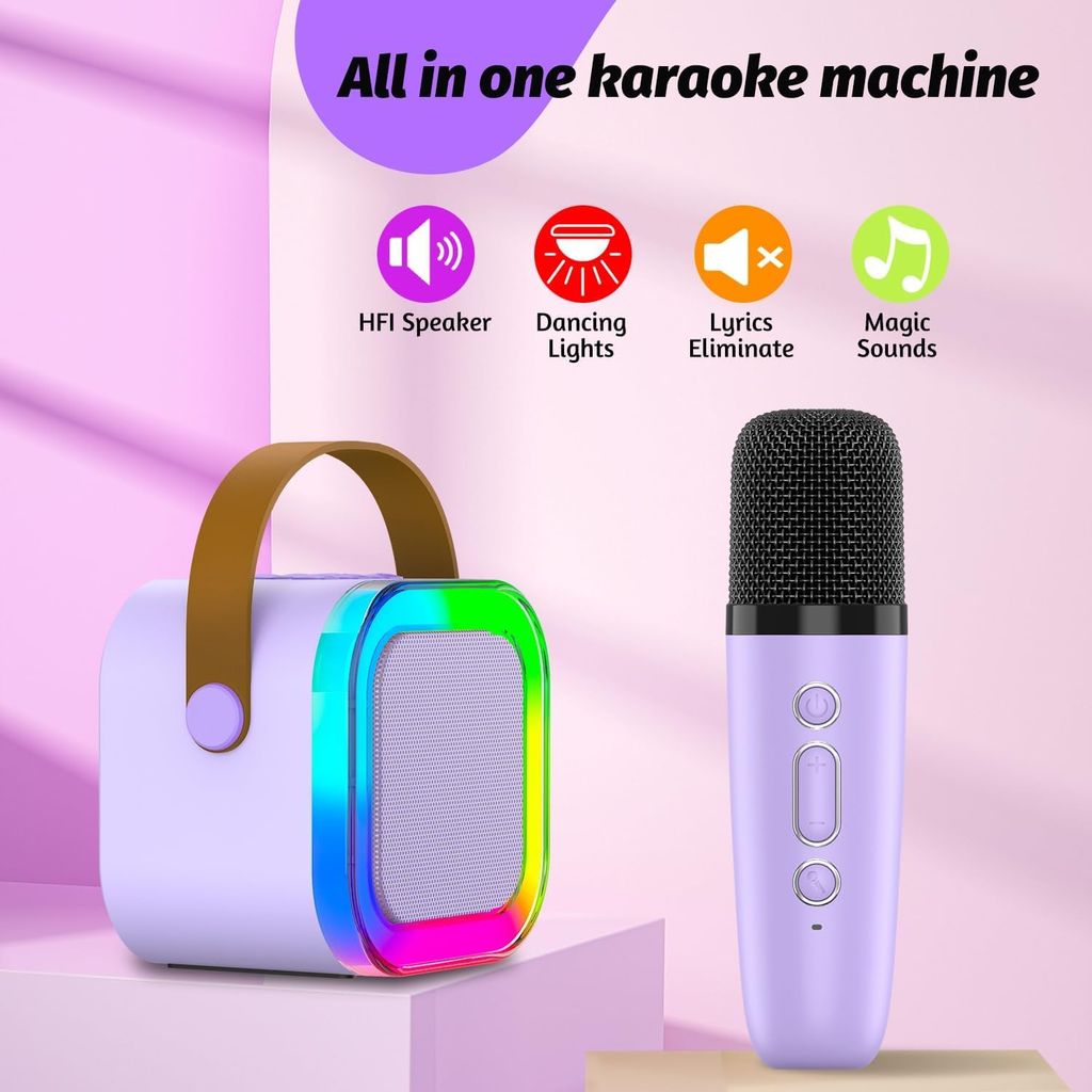 Bluetooth Karaoke Machine with Microphone for Kids, Portable Rechargeable Wireless Speaker with LED Lights, Perfect for Parties, Birthdays, and More