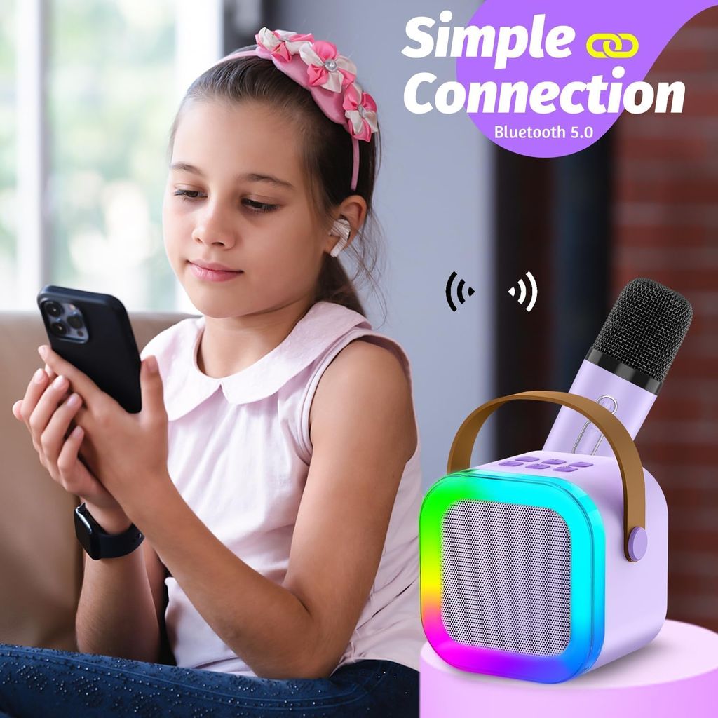 Bluetooth Karaoke Machine with Microphone for Kids, Portable Rechargeable Wireless Speaker with LED Lights, Perfect for Parties, Birthdays, and More
