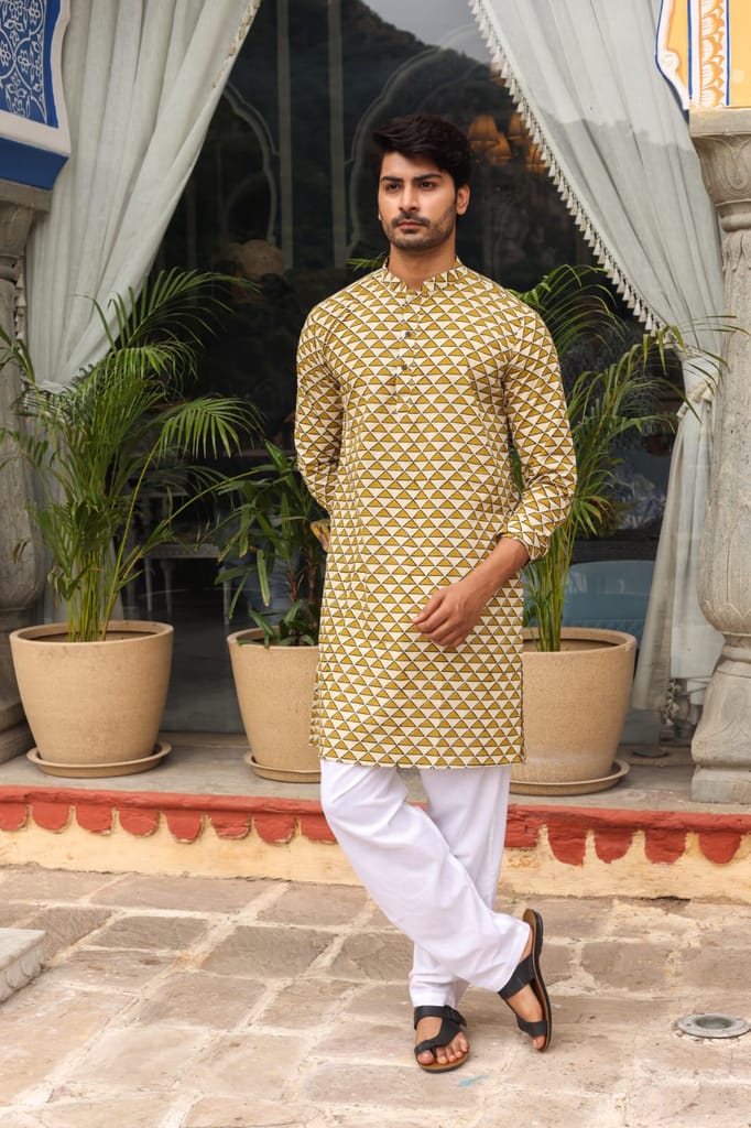 Cotton Designer Men'S Kurta Bagru Printed Hand Printed Off White & Yellow Color (Size: 38-44)-8663 - Kurtas & Kurta Sets | Buy online on ZillyBuy