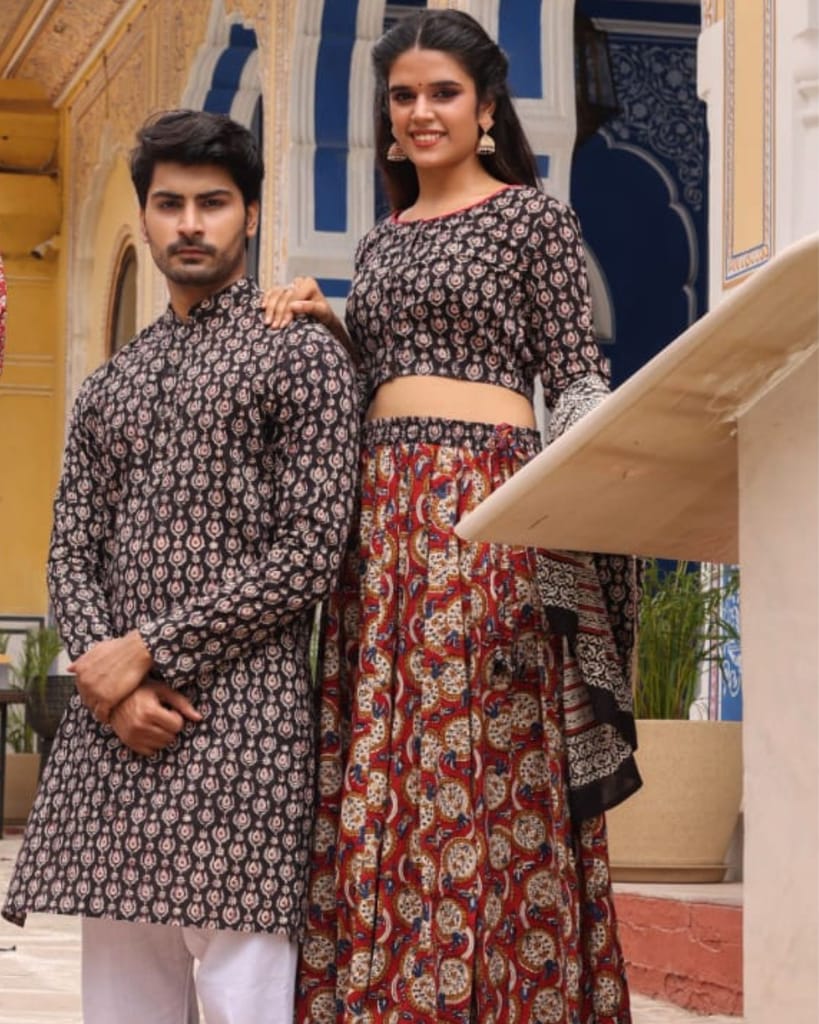 Handblock Printed Cotton Lehanga with Mulmul Dupatta and Kurta Pyjama Combo (Size: 32-46) Brown Color-8392 - Kurtas & Kurta Sets | Buy online on ZillyBuy