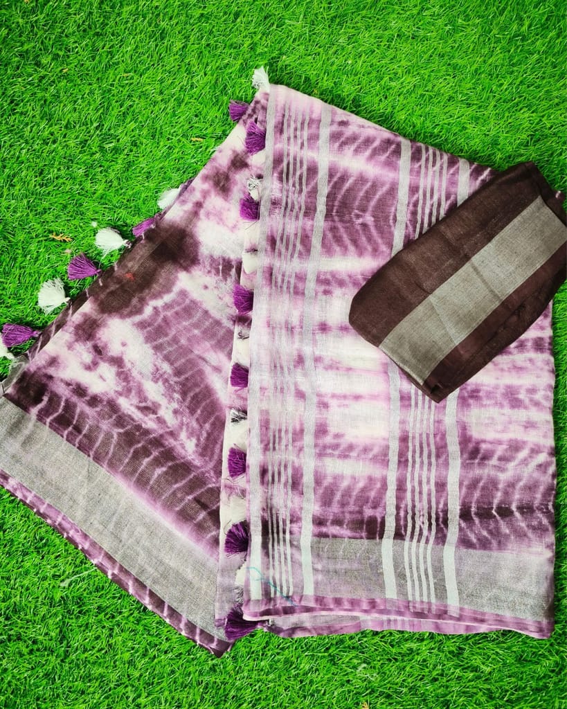 Linen Shibori Hand Dyed Saree Dark Purple Color with Blouse-1011 - Sarees | Buy online on ZillyBuy