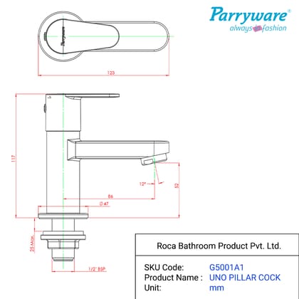 Parryware UNO Pillar Cock for Bathroom wash basins | Chrome Finish | with Honeycomb Type Aerator | 10 Years Warranty | G5001A1/T5001A1