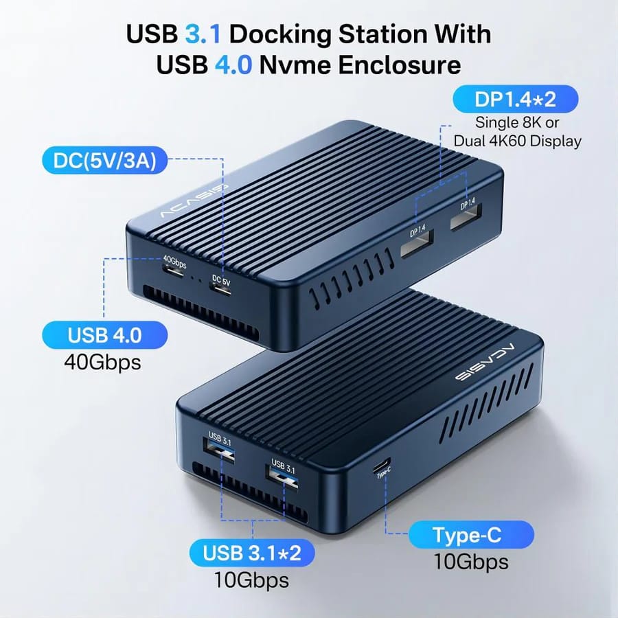 ACASIS Mac Mini Dock Dual Monitor with 40Gbps M.2 NVMe SSD Enclosure, 2*DP1.4, 2*USBA 3.1, 1 USBC 10Gbps, for Thunderbolt 4/USB4/3.2/3.1/3.0, M1/M2